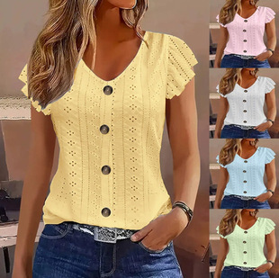 2025 New Summer Style European and American Cross-Border Pure Color Jacquard V Neck Button Long-Sleeved T-Shirt Tops for Women