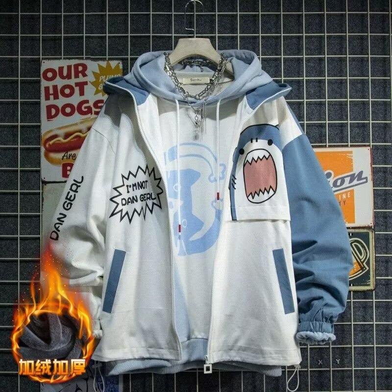 2026 Trendy Brand New Color-Blocked Shark Monster Jacket for Men, Korean Style Loose-Fitting Youth Hooded Jacket