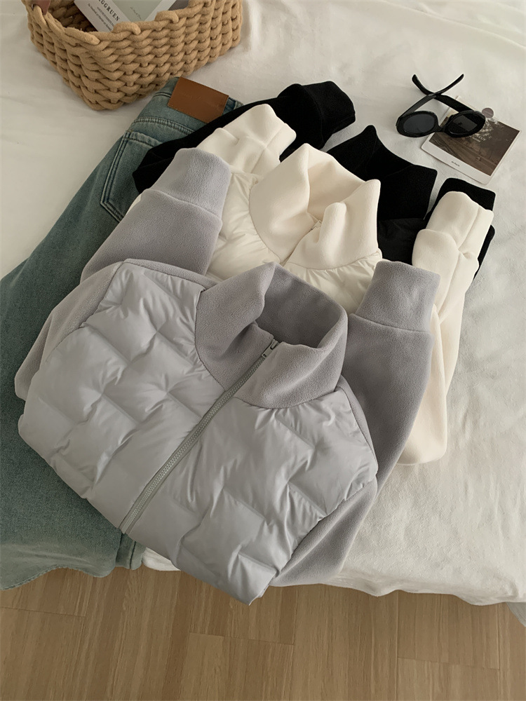 轻便保暖加厚澳绒拼接羽绒服外套女简约韩版立领拉链衫24冬季棉服