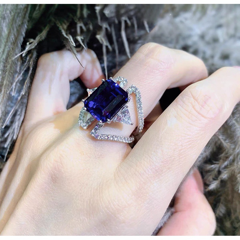 冷淡風彩寶高級感ins藍寶石輕奢鑽石戒指女18K鍍金百搭氣質不掉色