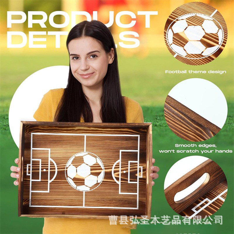 Plato de madera con forma de fútbol, fiesta, plato de comida cocinada, plato de bocadillos redondo cuadrado de madera con mango