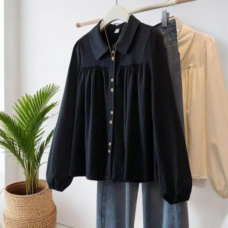 Spring and autumn solid color long-sleeve shirt for women, French style, plus-size, loose, slimming, versatile, with a doll collar, youthful and loose-fitting Spring and autumn solid color long-sleeve shirt for women, French style, plus-size, loose, slimming, versatile, with a doll collar, youthful and loose-fitting