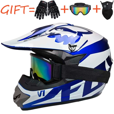 Mountain Bike Downhill Helmets, Go-Kart, Motosiklet kaskı (dəbilqə) - blue-and-white-f-comes-with-goggles-gloves-and-mask-s