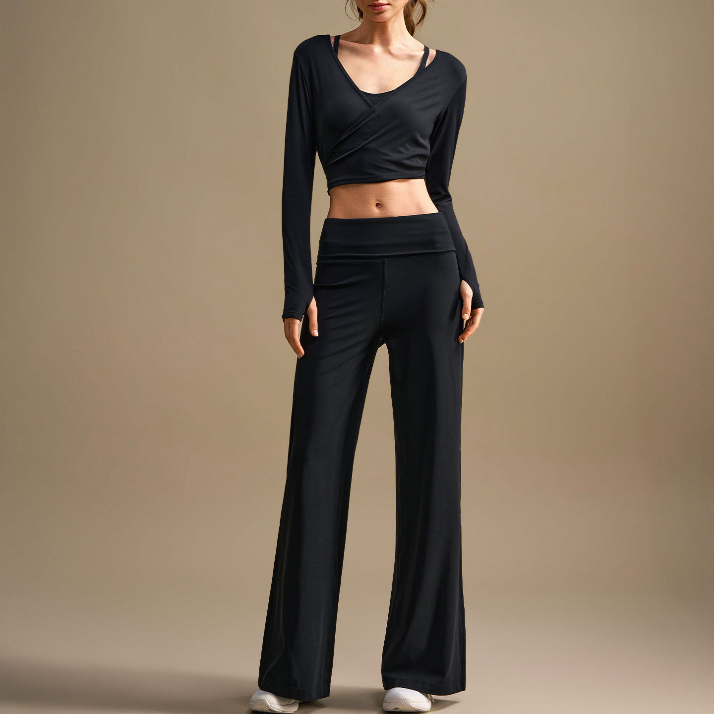 Nuevo traje de yoga transfronterizo de cintura alta pantalón recto conjunto de mujer correa deportiva de mangas largas ballet de alta calidad ropa de fitness
