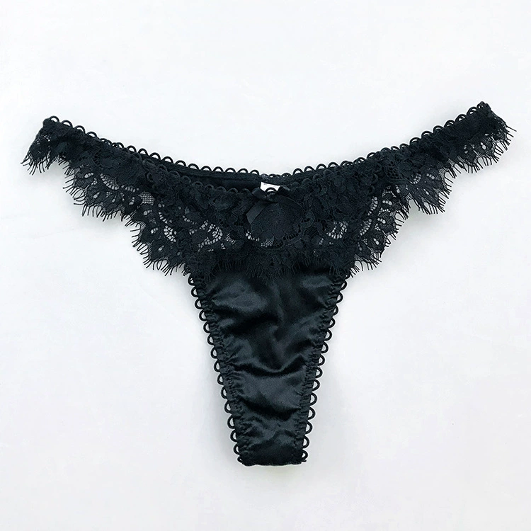 Lace elastic thong panties, women, bow accent, sheer stretch lace, S–XL