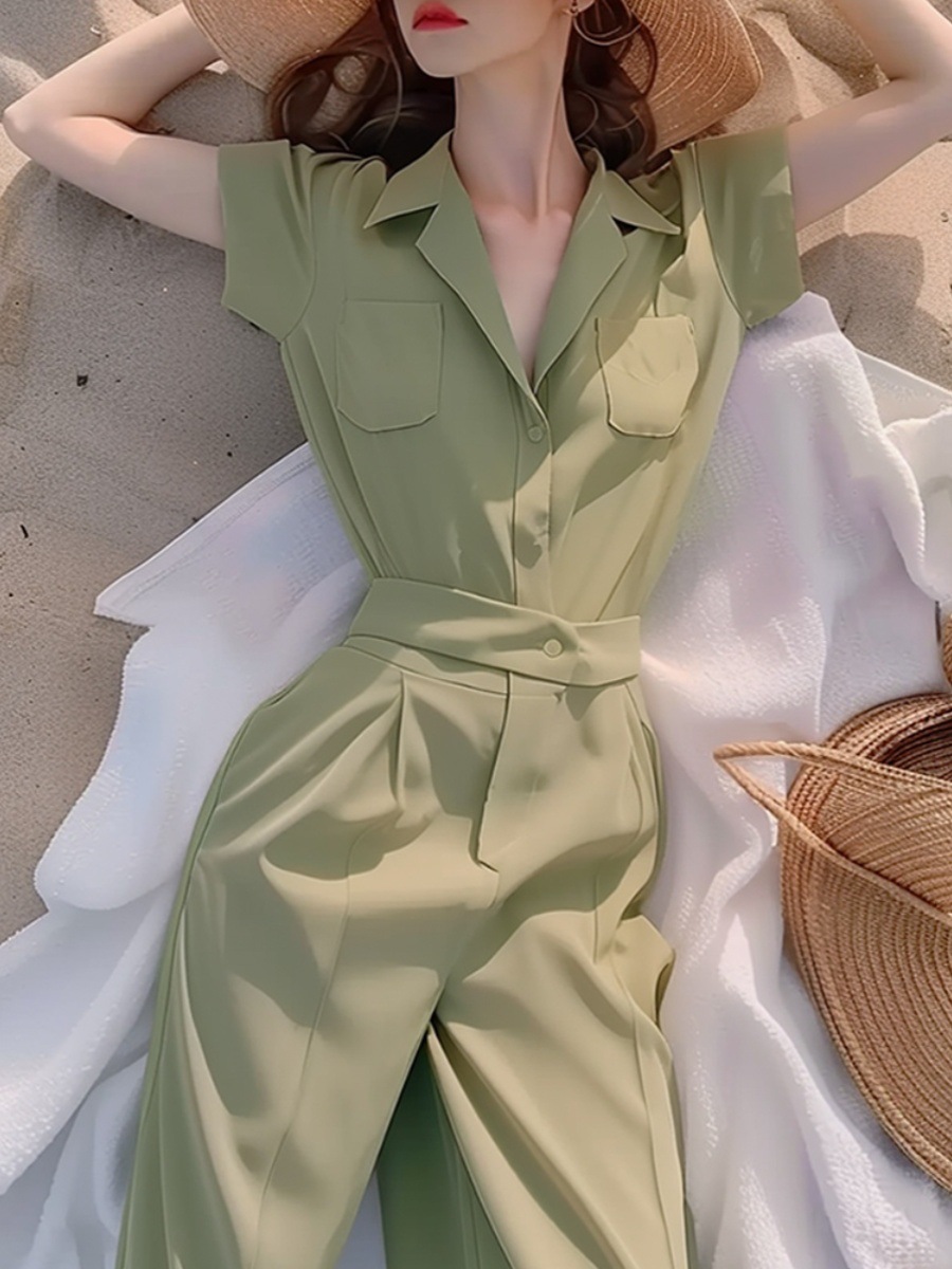 Jumpsuit nữ dài tay sơ mi xanh lá cây mới mùa hè 2024 chất vải xếp nếp mềm mại — xanh lá cây chi tiết 7