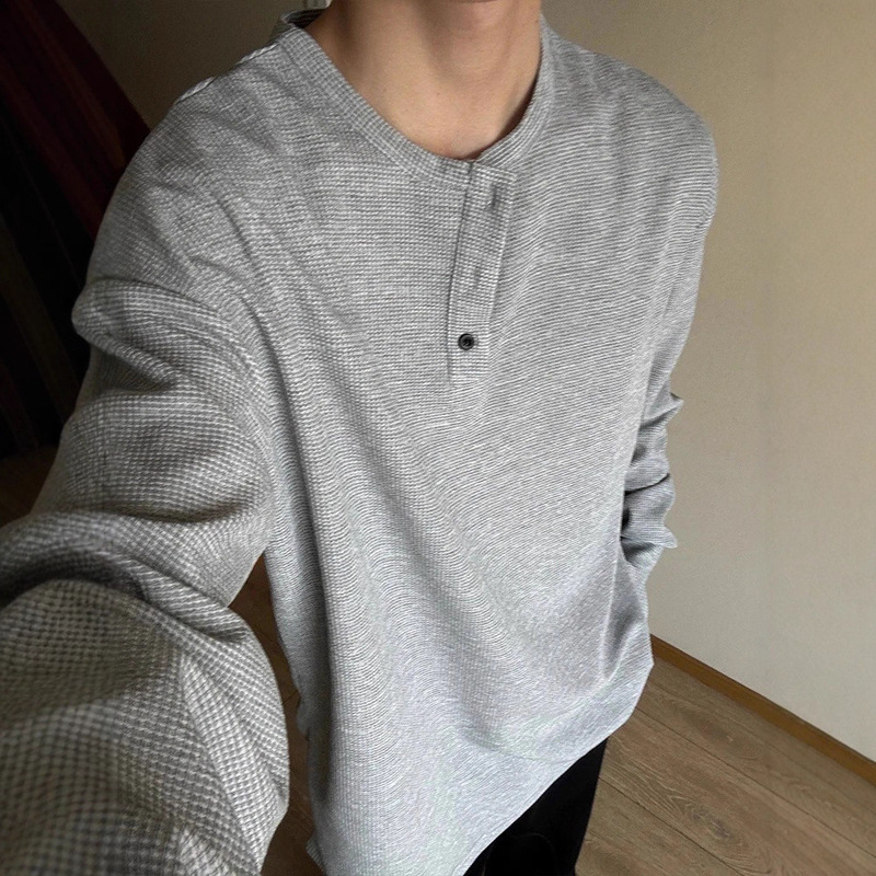 Spring and Autumn Waffle Henry Collar Long Sleeve T-Shirt Men's Easiest for Match Loose Retro T-Shirt Casual Sports Sweatshirt Men