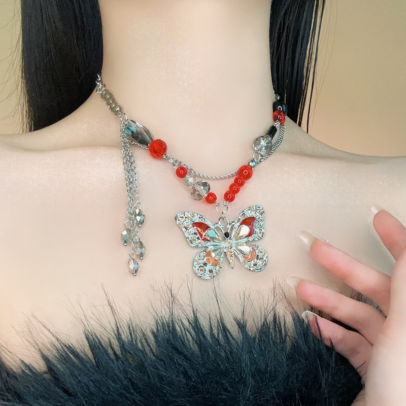 红色蝴蝶流苏锆石满钻项链女小众设计感轻奢气质时尚新款锁骨链