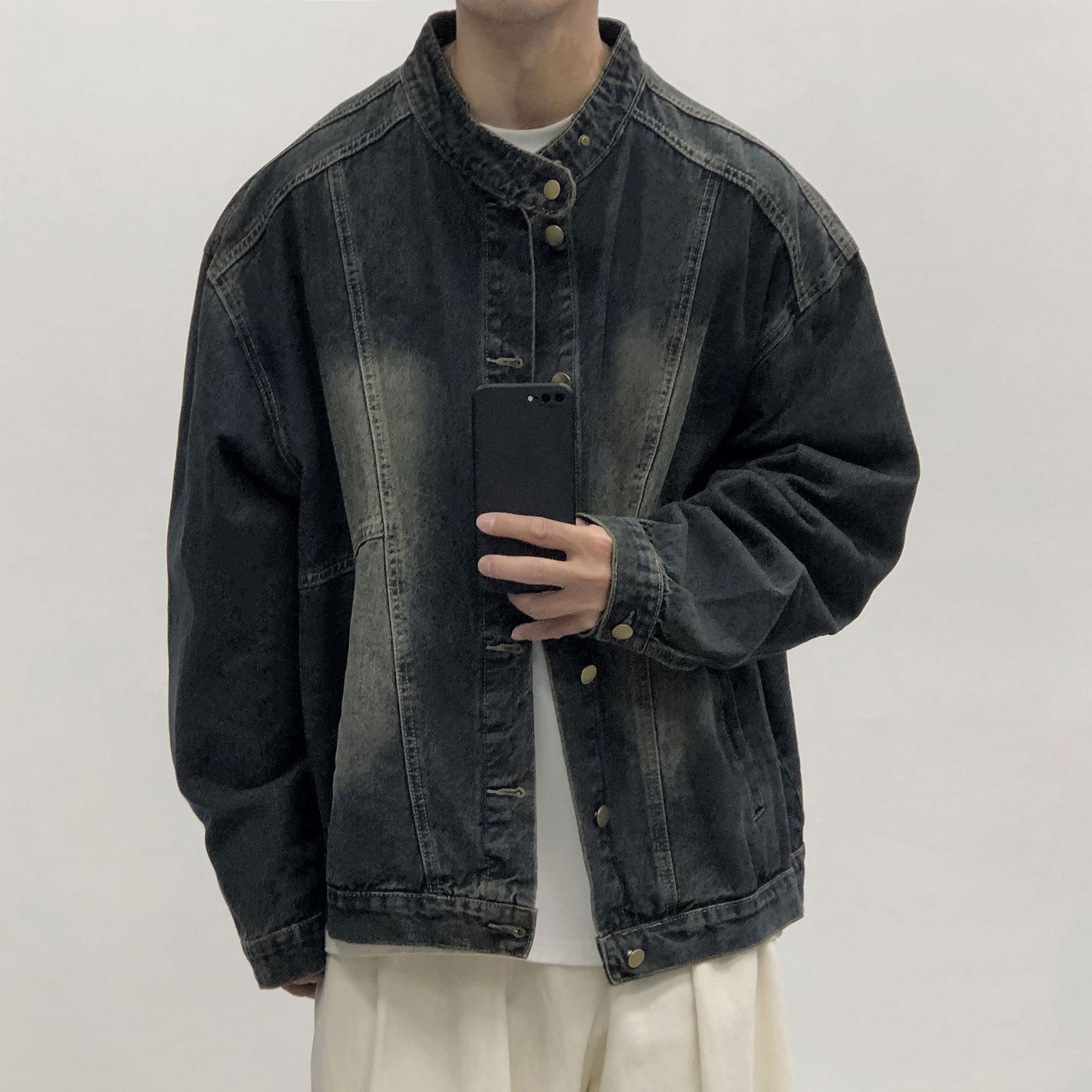 Retro Denim Jacket Men's 2026 Spring And Autumn Washed Stand-up Collar Men's Clothing Ripped And Old Casual Men's Jacket Top_voghion.com