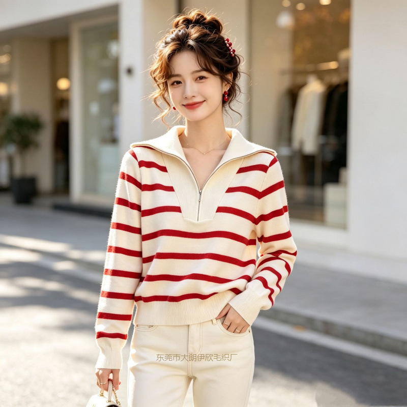 Navy Collar Autumn/Winter New Striped Stylish Knit Sweater for Women, Slim Fit Long Sleeve Top, Versatile Pullover Sweater, Trendy Navy Collar Autumn/Winter New Striped Stylish Knit Sweater for Women, Slim Fit Long Sleeve Top, Versatile Pullover Sweater, Trendy