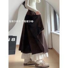 咖色休闲蕾丝裙裤女秋冬2025新款半身裙显瘦慵懒风垂感毛呢阔腿裤