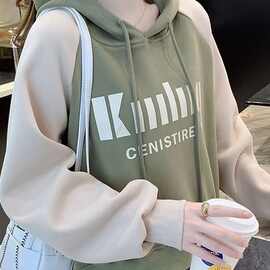 新款秋季薄款拼接撞色卫衣女时尚宽松长袖上衣连帽外套女潮