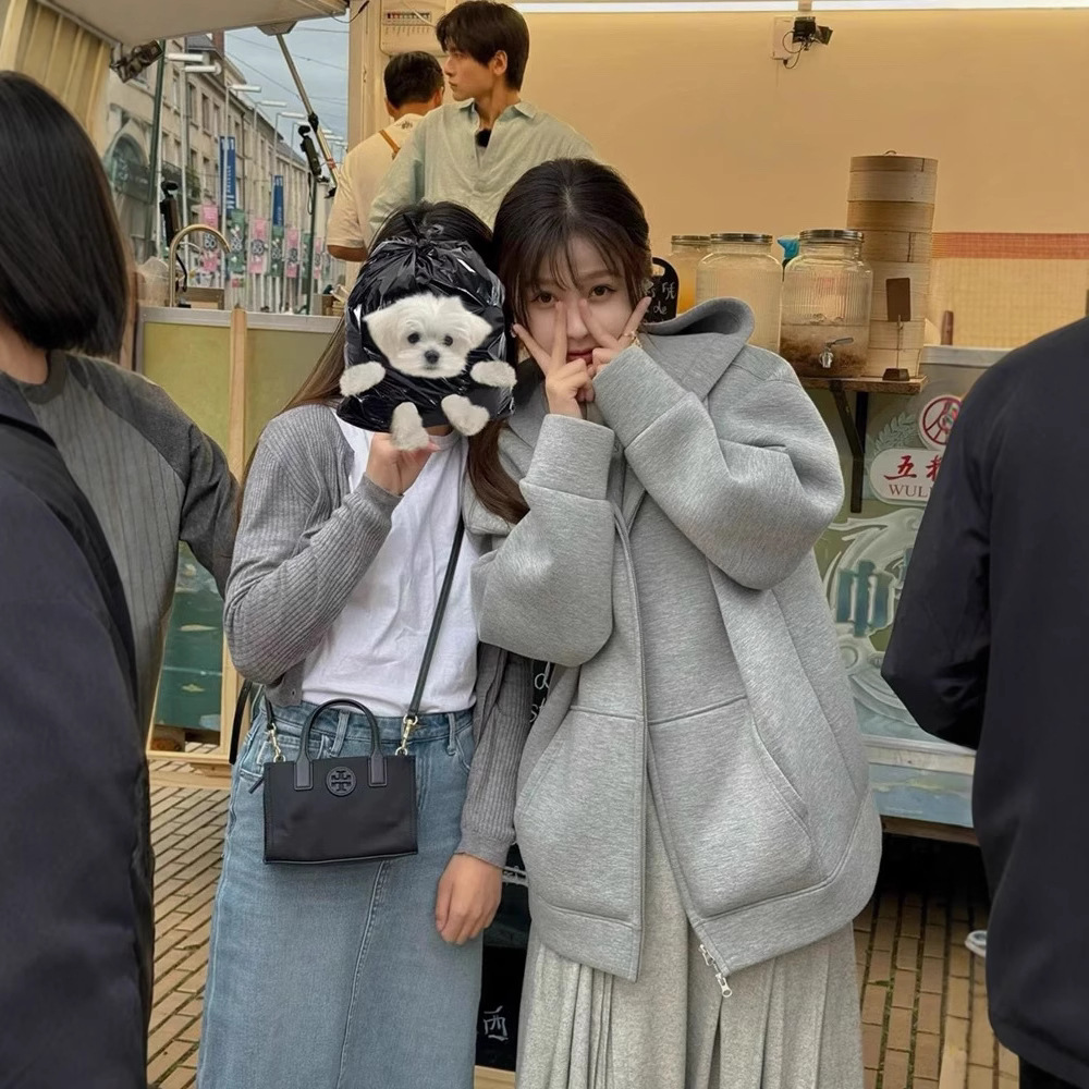 韩代购虞书欣同款空气棉拉链连帽2025冬季新款女装灰色连帽衣夹克