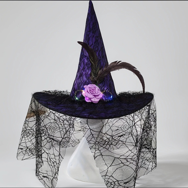新しいハロウィンレース魔女帽子パーティーマジック帽子黒ライト付き魔女帽子メイクアップ小道具|undefined