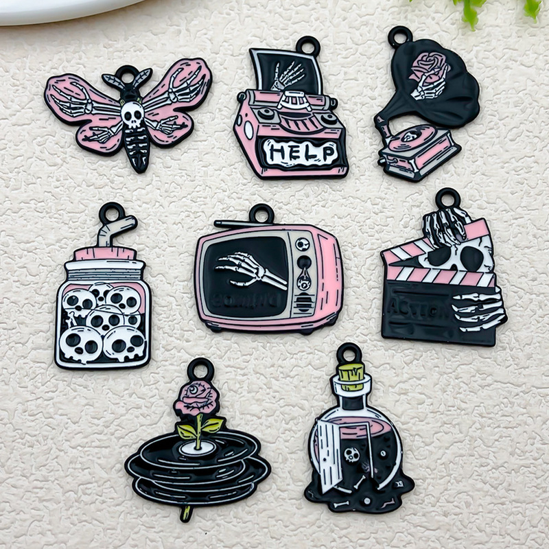 Halloween Black Pink Series Skull Ghost DIY Jewelry Accessories Alloy Oil Dropping Pendant Keychain Earrings Pendant