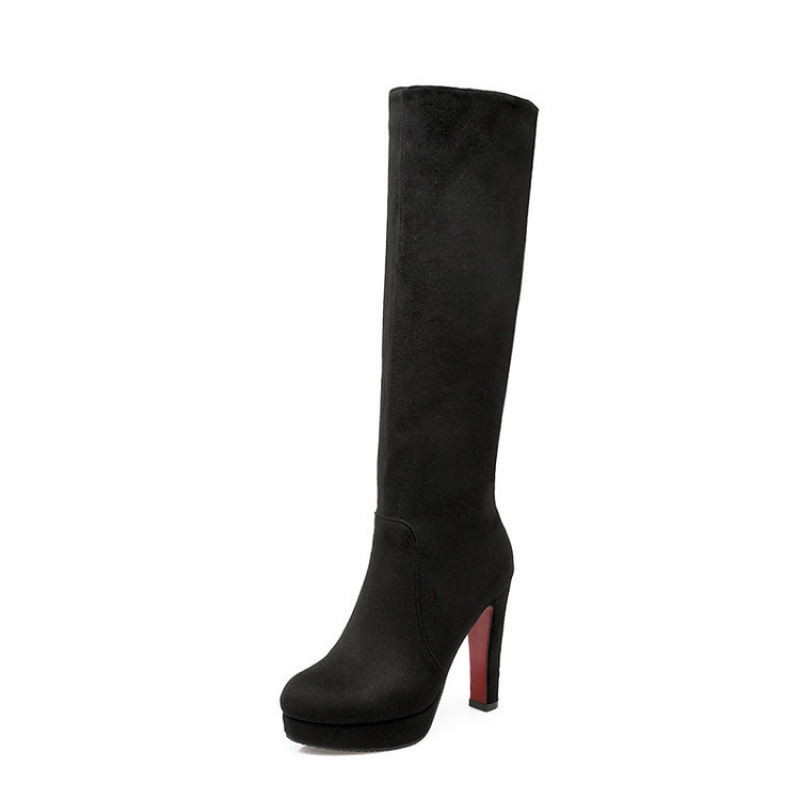 Foreign Trade European and American Autumn and Winter High-Heeled Chunky Heel High Boots, Slimming Mid-Length Boots, Round-Toe Suede Boots in Various Sizes for Women Foreign Trade European and American Autumn and Winter High-Heeled Chunky Heel High Boots, Slimming Mid-Length Boots, Round-Toe Suede Boots in Various Sizes for Women