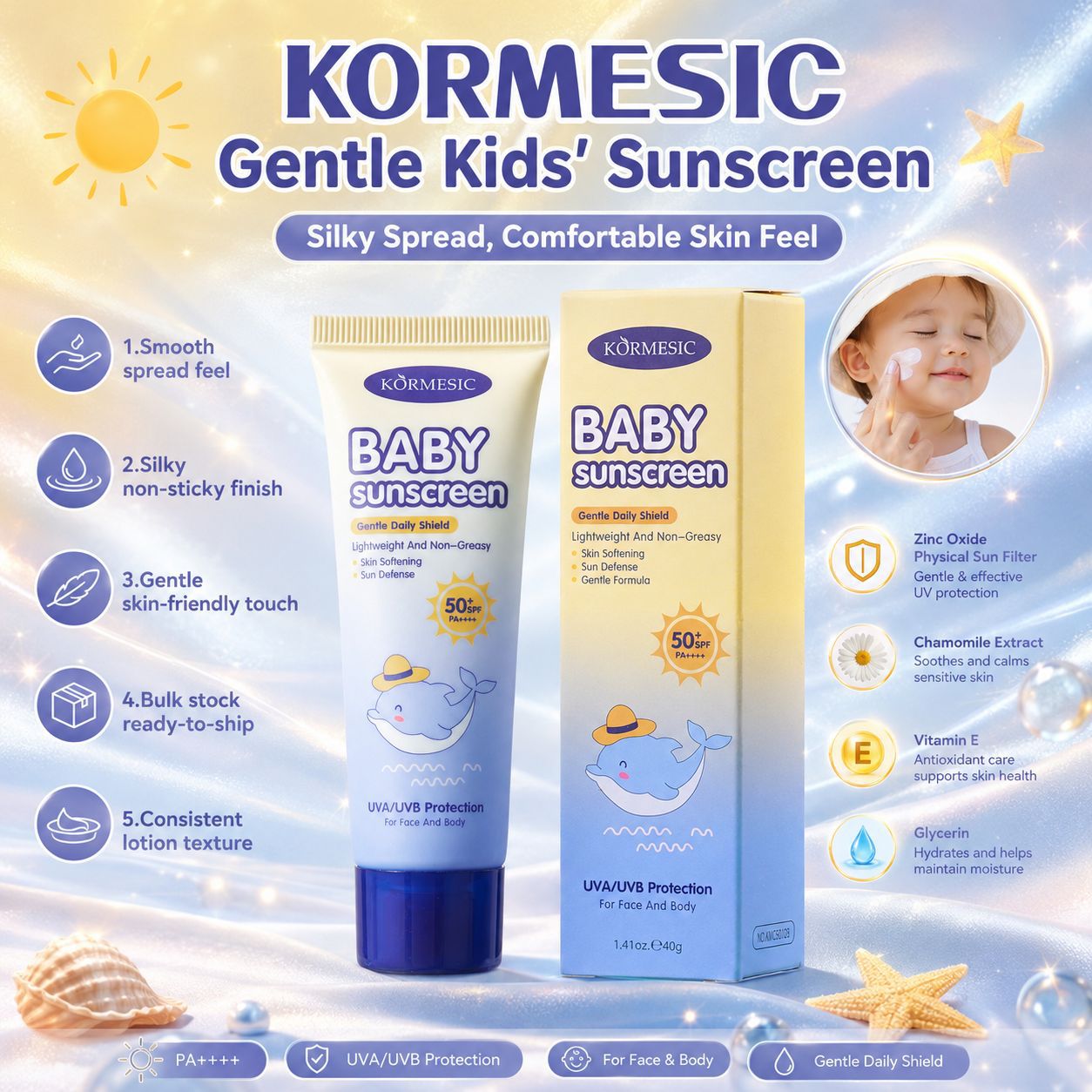 Cross-Border Kormesic Baby and Children's Face and Body Sunscreen Lotion Nourishes the Skin, Foreign Trade Spot Wholesale