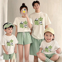 可爱熊猫亲子装正肩袖纯棉短袖母子母女装一家三口四口全家装t恤