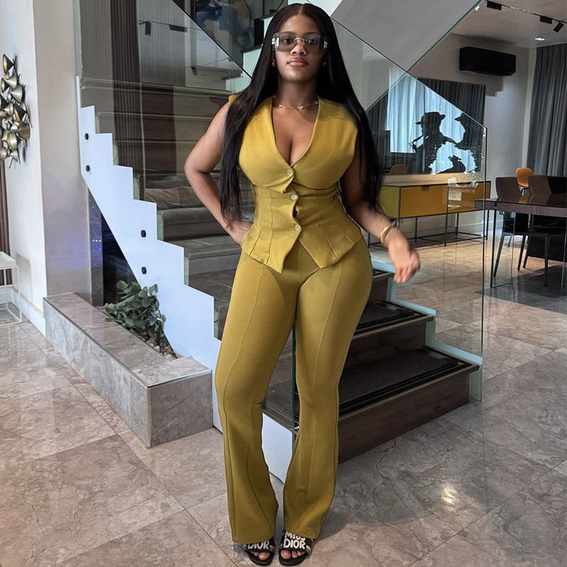 Women's Autumn Vest & Straight Pants Set – Slimming V-Neck Button Waistcoat With Solid Color Trousers (White/Yellow-Green, S-Xxl)_ecoleips.com