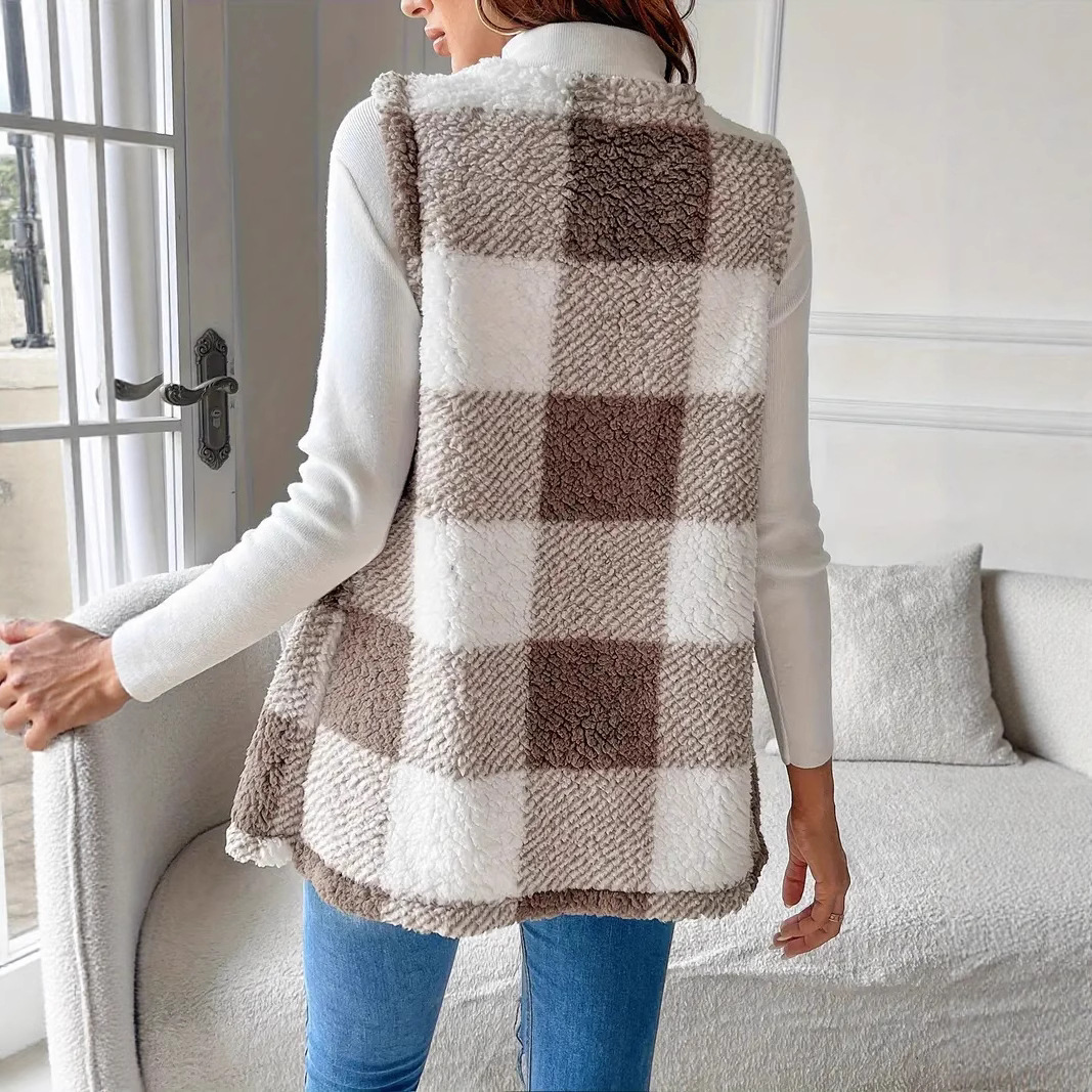 Teddy Bear Plush Vest – Oversized Faux Fur Gilet | Winter Elegance (Dark Khaki Checkered)_ecoleips.com