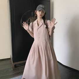 粉色气质连衣裙女夏2023新款甜美温柔风西装领显瘦初恋法式长裙子