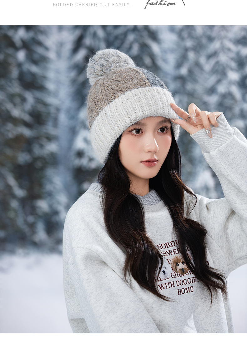 Fashion Versatile Color Block Pom Knitted Autumn Winter Outdoor Fleece Lined Thickened Warm Artistic Retro Pullover Hat_voghion.com