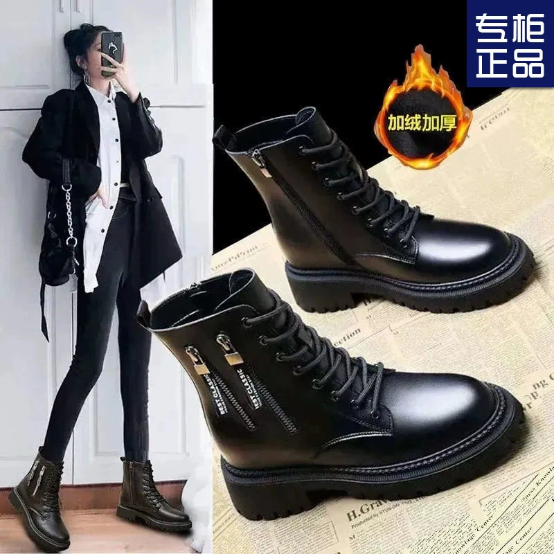 Женские Ботинки Martin в Корейском стиле на массивном каблуке в западном стиле 2023 осенне-зимние очень мягкие зимние короткие сапоги на флисовой подкладке в британском стиле для женщин, подходящие ко всему