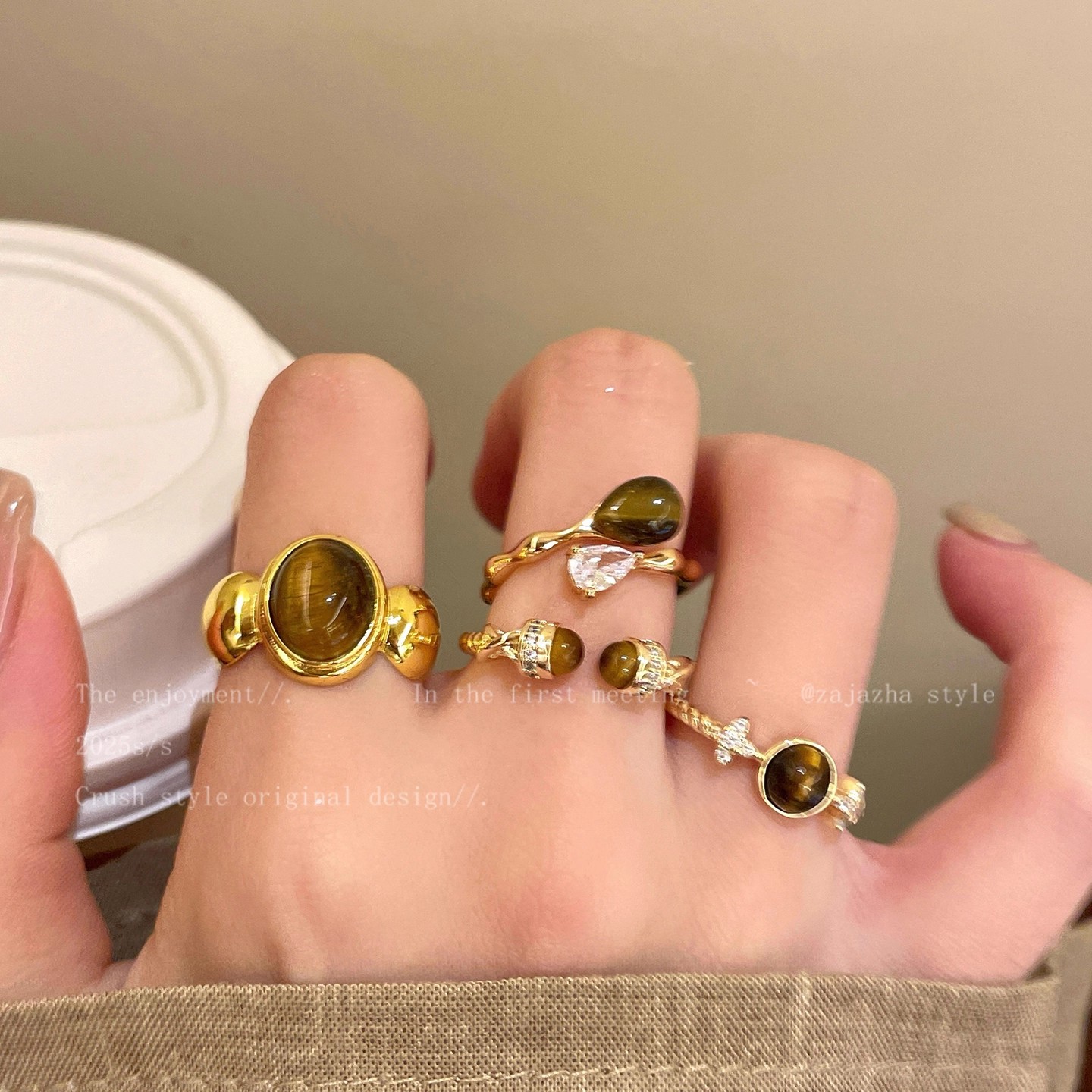 Autumn and Winter Maillard Coffee Color Tiger Eye Stone Ring Women's Open Adjustable Index Finger Ring Niche High-End Ring