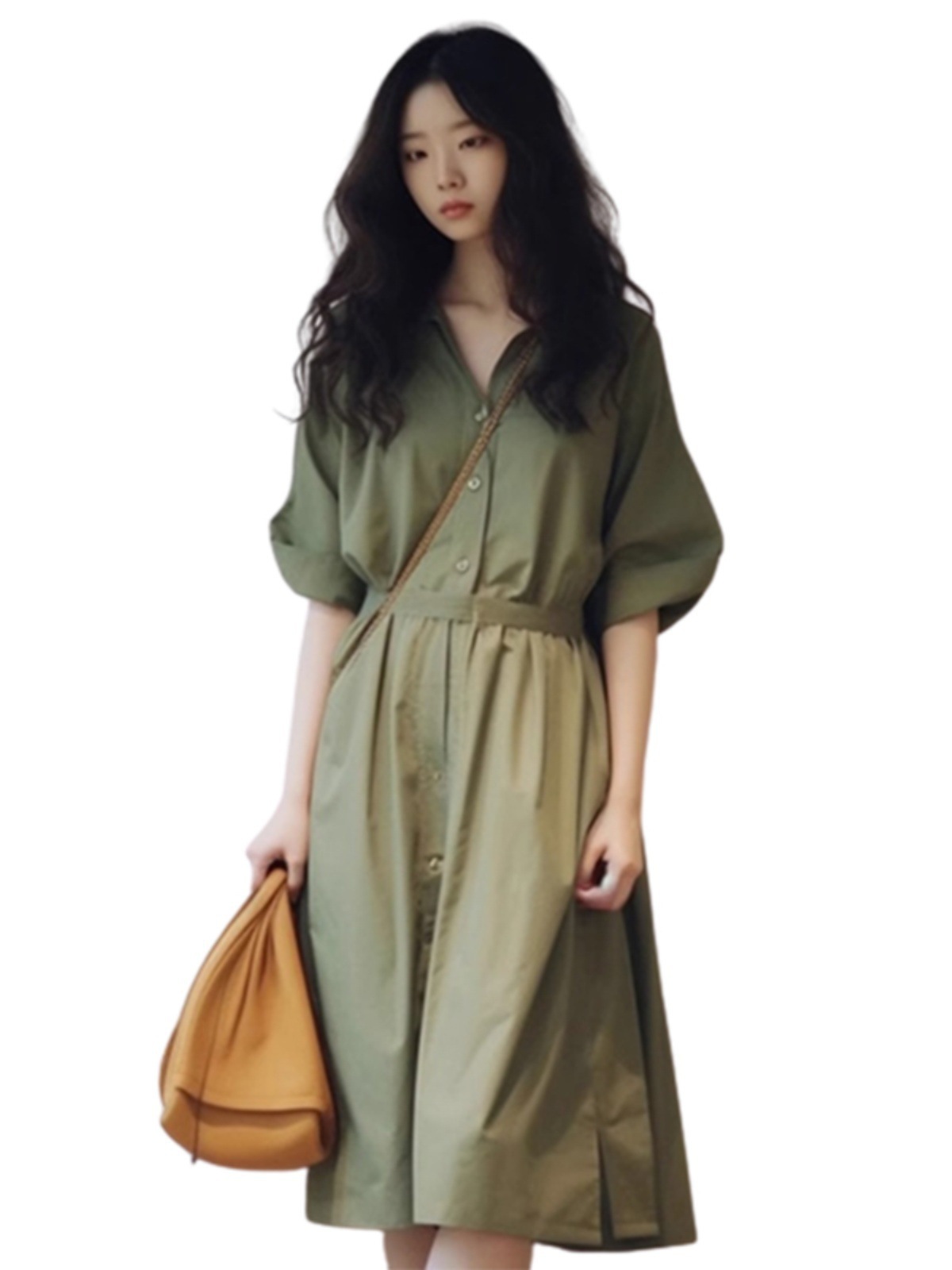 Đầm maxi cổ chữ V xanh lá rộng rãi dáng quả lê mùa hè — Váy liền màu xanh lá