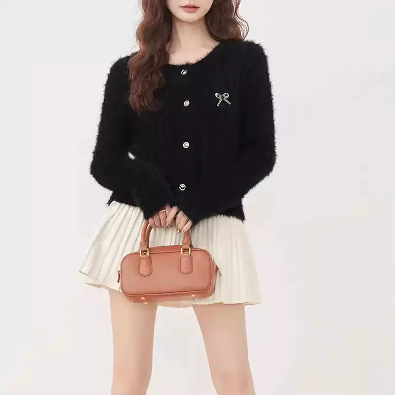 仿貂绒法式小香风毛衣外套女秋冬款蝴蝶结毛绒短款针织衫开衫上衣