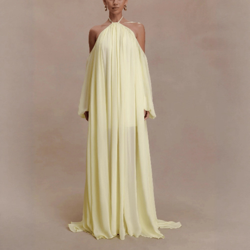 European and American Cross-Border Aliexpress Women's New Style Halterneck Loose Long-Sleeved Elegant Holiday Style Dress Independent Station