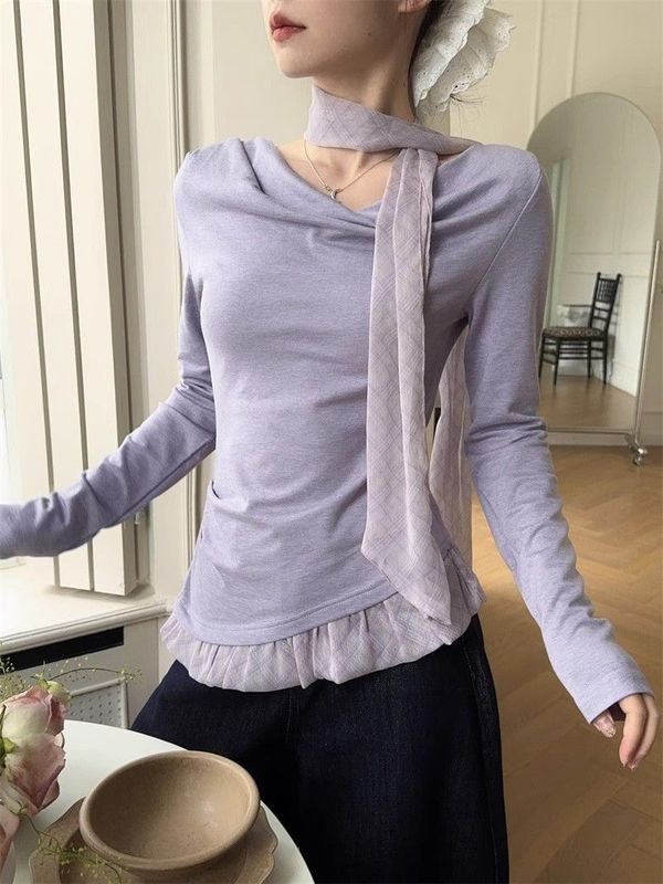 純粋な欲望スタイルの女性用長袖Tシャツ、春と秋のニッチデザイン、リボン付きフェイクツーピースのシックでユニークなインナートップ|undefined