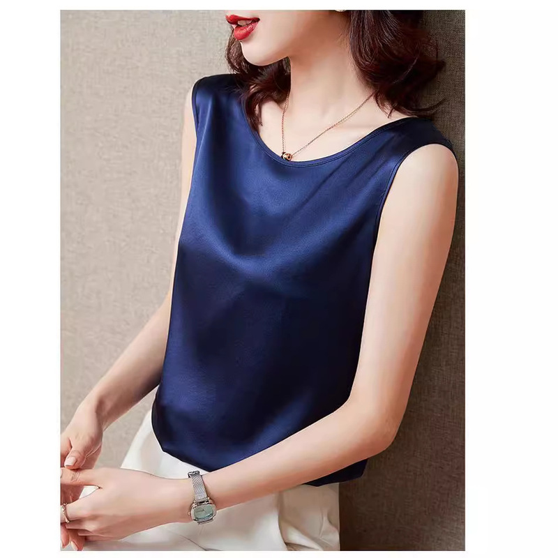 Silk Camisole Women's Summer Crewneck Suit Sleeveless T-shirt plus size Acetate Satin Base Shirt