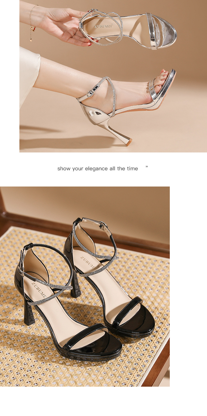 Sandal cao gót nữ mũi tròn quai chéo đan thanh lịch — màu đen chi tiết 8