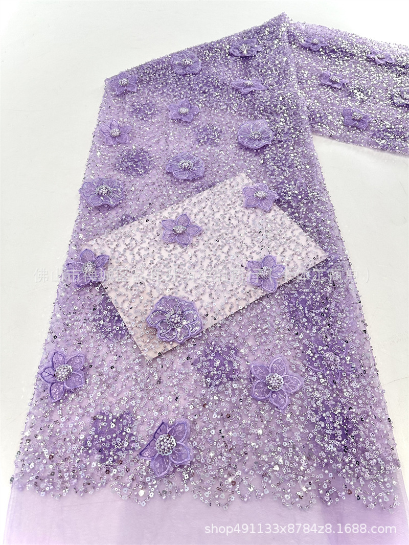Moda full sequinilla tubo de perlas bordado tela de encaje estereoscópico mano calcomanías tela de vestido de boda alta fijación