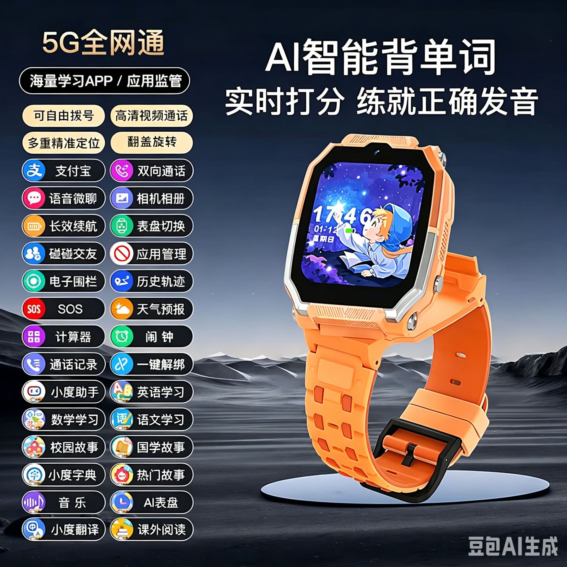5G全网通高级橙色10重定位+支付宝+长待机+视频通话+小度机器人+学习APP+音乐故事+上课禁用