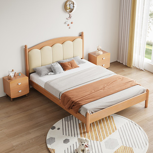 Pure solid wood bed, log cream style double bed 1.8 meters small apartment second bedroom small bed Nordic 1.5 beech single bed