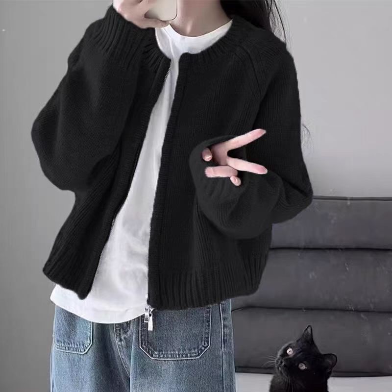 灰色短款毛衣外套女2025春装新款宽松拉链开衫长袖针织衫百搭上衣|undefined