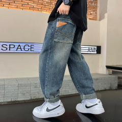 春秋男童牛仔褲長褲2024春秋新款潮中大兒童直筒寬鬆工裝