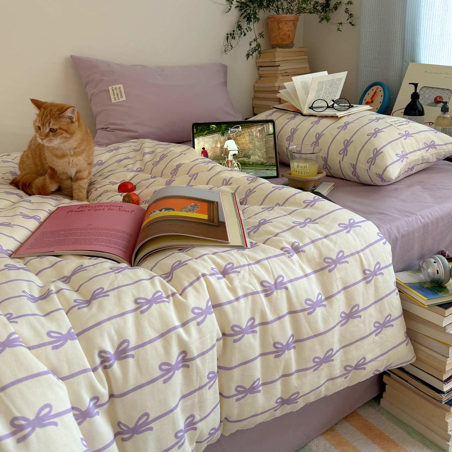 Todo algodón INS blogger estilo coreano arco de algodón cuatro piezas en casa dormitorio cama de tres piezas cubierta de edredón de piel