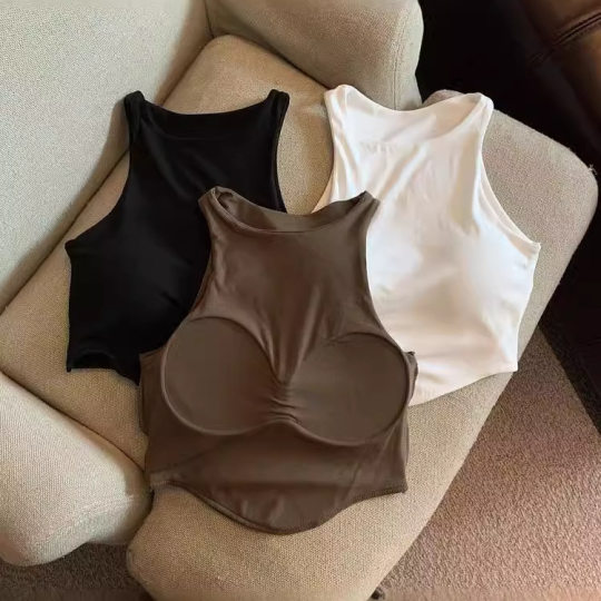 Cross-border American-style Summer Sweet Hot Girl Short Sleeveless Vest with Chest Pad Sexy Beautiful Back Navel Top for Women