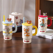 猫和老鼠大容量带盖马克杯情侣吸管水杯家用礼物女陶瓷杯子咖啡杯