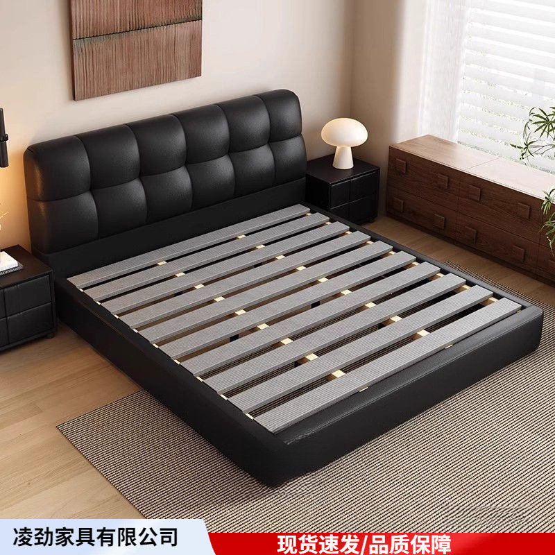 Modern Light Luxury Minimalist Genuine Leather Black Cream Double Bed Master Bedroom 1.8m Small Apartment Storage Bed Wedding Bed Wood Modern Light Luxury Minimalist Genuine Leather Black Cream Double Bed Master Bedroom 1.8m Small Apartment Storage Bed Wedding Bed Wood