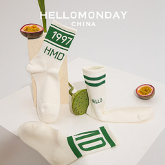 33478 Hello Monday letter socks for men and women, mid-length, trendy white, versatile, Korean version, sporty street style