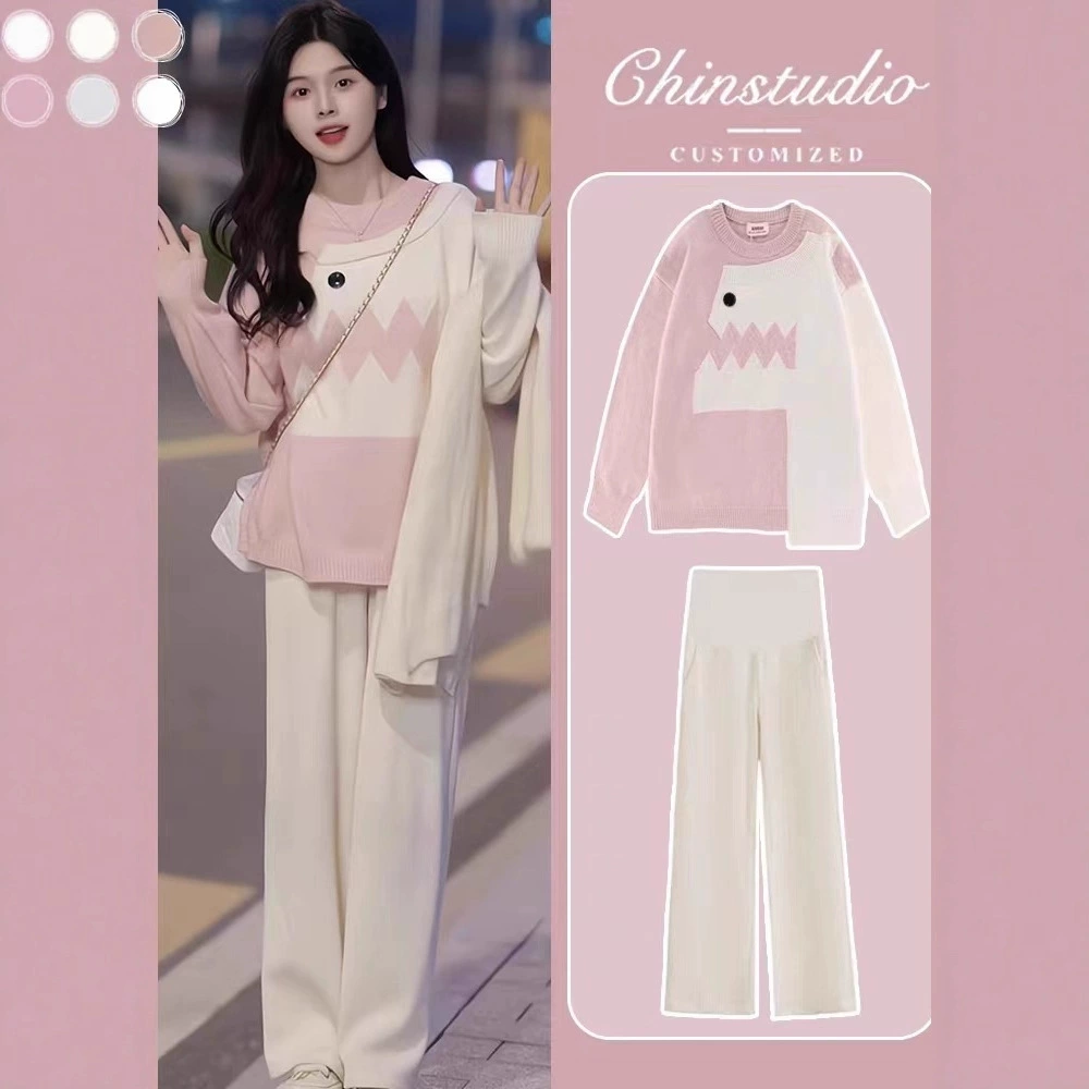 Костюм-свитер для беременных, Осень-зима, новый простой приталенный свитер в ленивом стиле + широкие брюки в полоску, брюки, комплект из 2 предметов для женщин