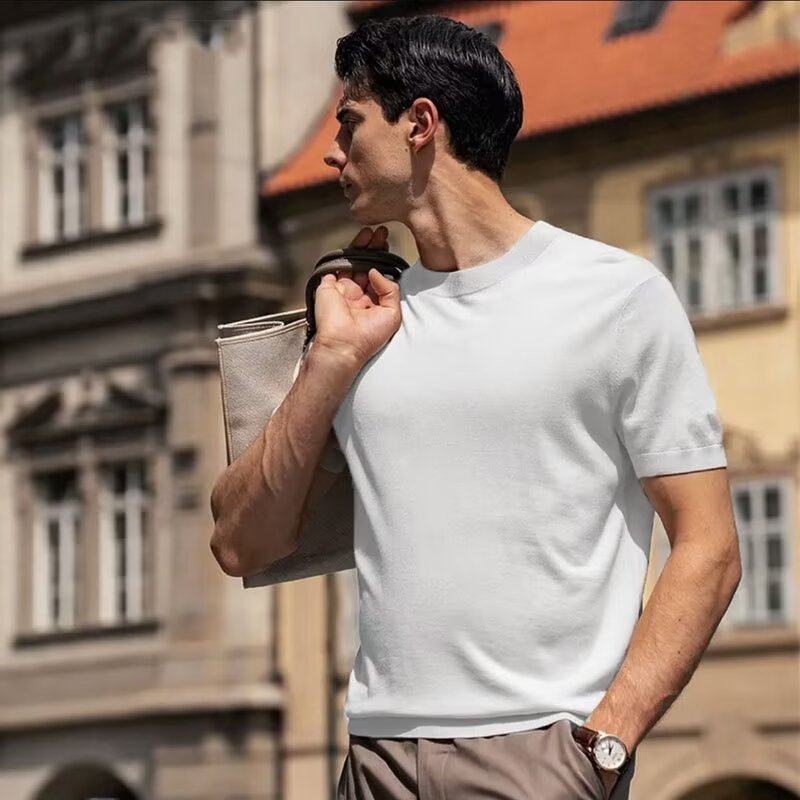 Estilo maduro ligero de negocios verano nuevo estilo casual botón de solapa ins tendencia suéter delgado POLO de manga corta para hombre