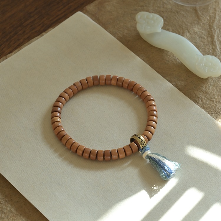 Natural Old Peach Wood Bracelet, Barrel Bead Bracelet, Black Sandalwood, Green Sandalwood Bracelet, Copper Good Luck Beads, Men's and Women's