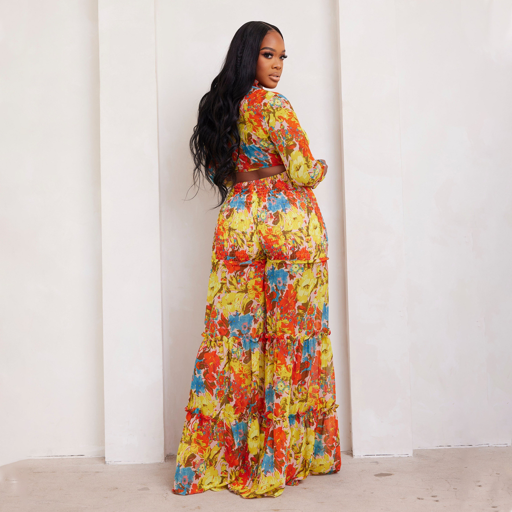 Women's Clothing fashion contrast color printed chiffon long sleeved lace up flared pants two piece suit _voghion.com