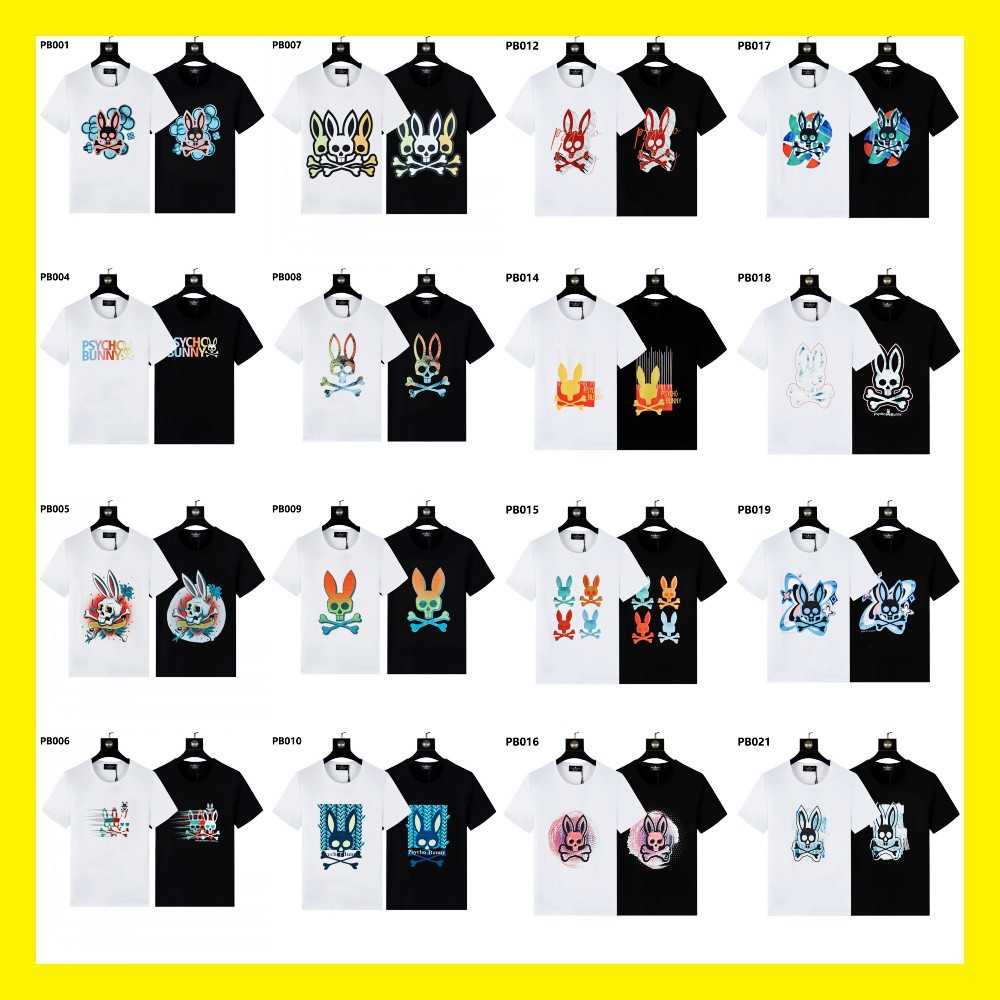 Camiseta Psycho Bunny, marca americana da moda, com estampa colorida de caveira de coelho em degradê e letras, para casais, manga curta, atacado.