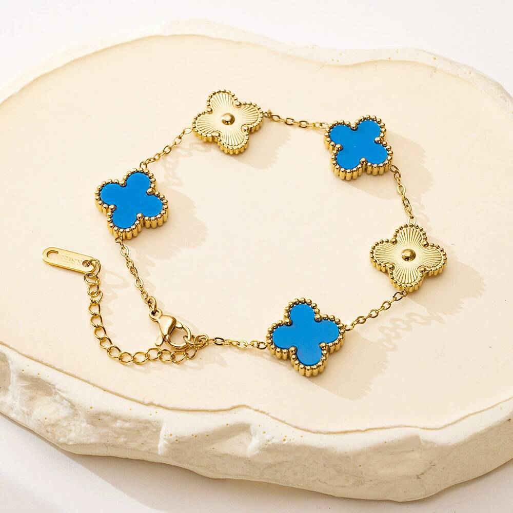 Butterfly Double-Sided Lucky Flower Bracelet Necklace Earrings Set 18K Gold Plated Stainless Steel detail image 9